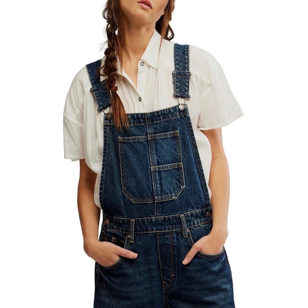 We The Free Good Luck Barrel Slouchy Denim Overalls Wide Leg Bib NWOT deep end